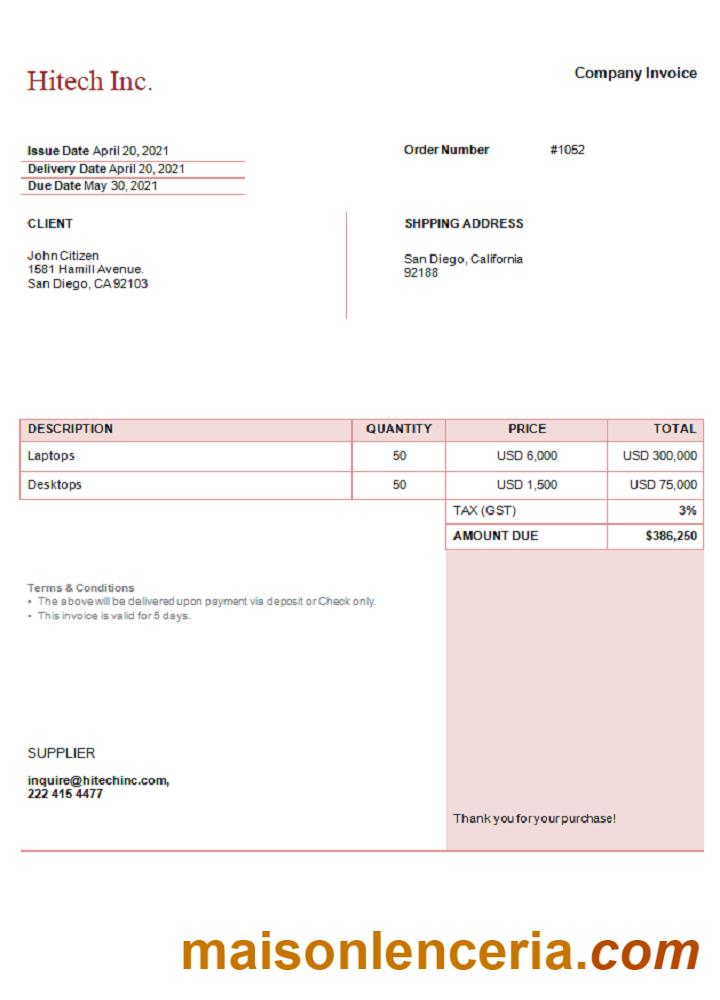 USA Hitech Inc. tekst faktury i szablon PDF